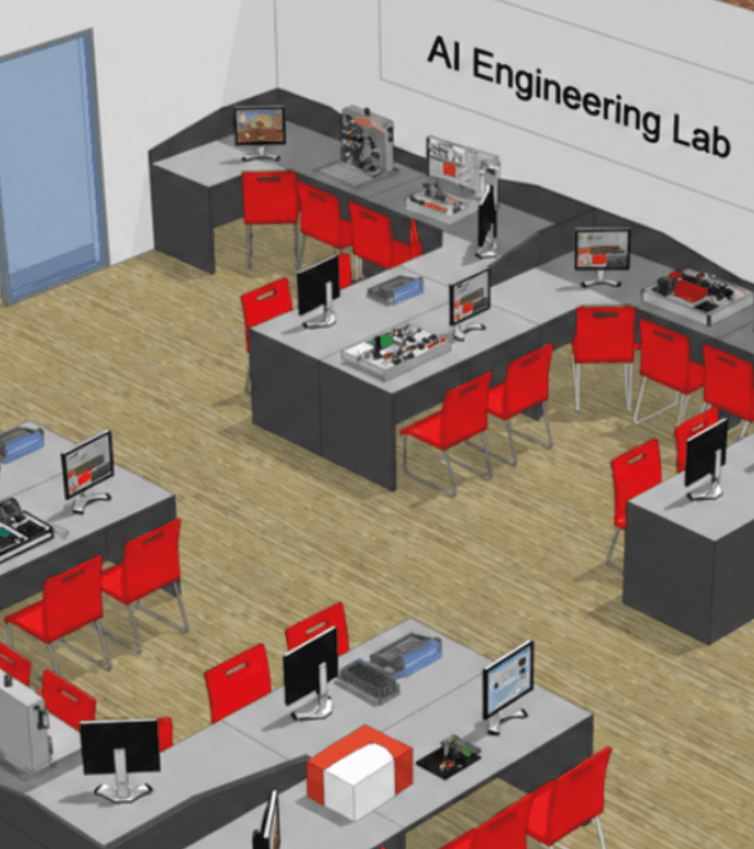AI engineering training classroom with educational laboratory stands