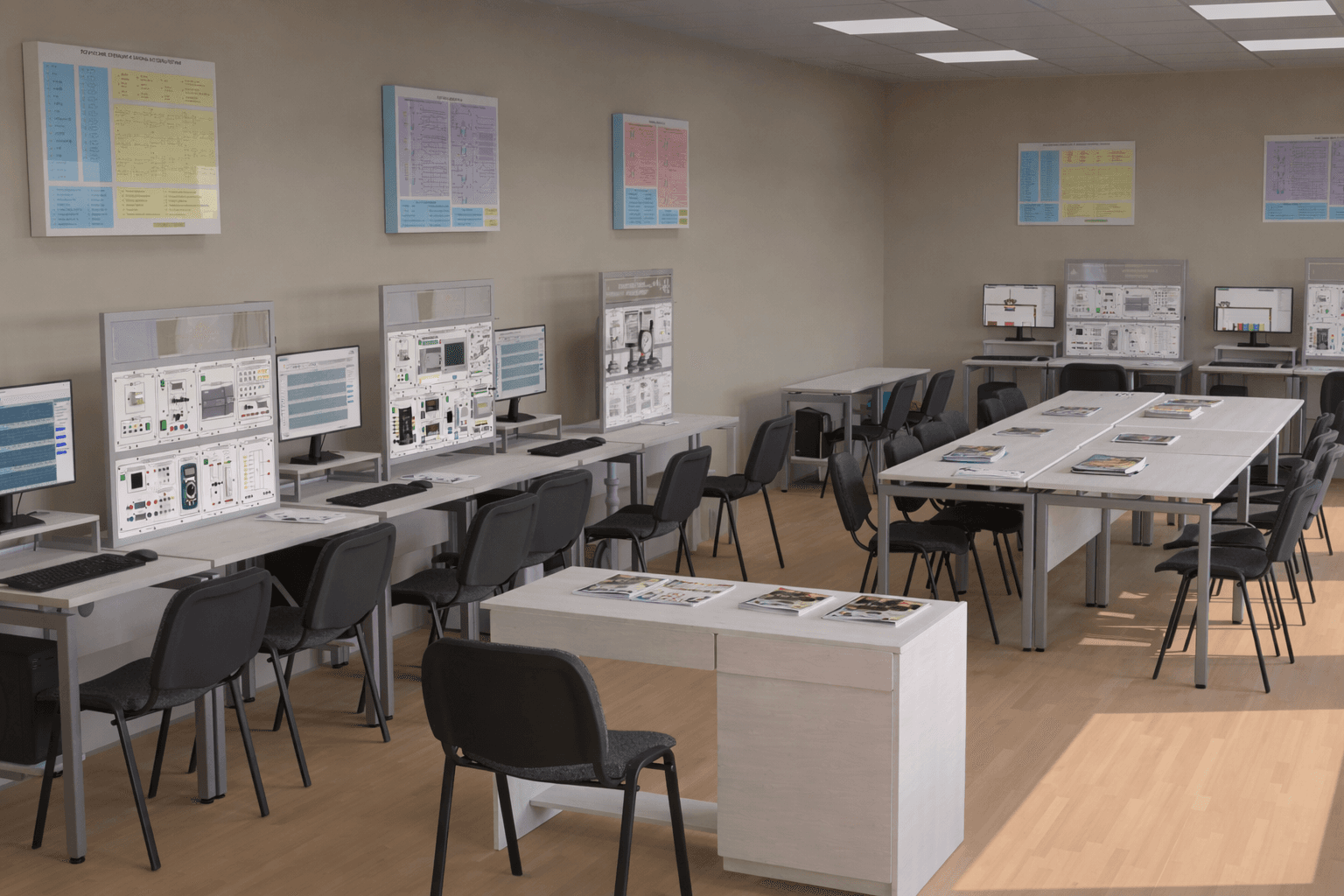 Bright engineering classroom with educational laboratory equipment